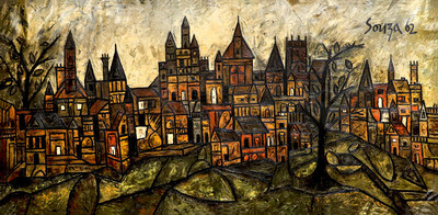F.N. Souza’s architectural cityscape channels raw, brooding intensity through sharp angles and visceral textures, transforming a medieval-inspired vista into a powerful psychological landscape. F.N. Souza’s architectural cityscape channels raw, brooding intensity through sharp angles and visceral textures, transforming a medieval-inspired vista into a powerful psychological landscape.