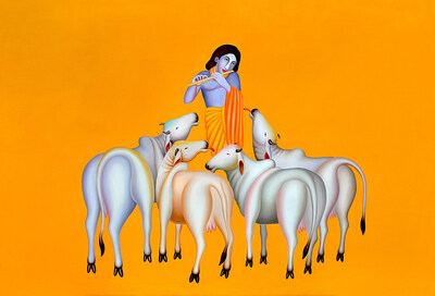Manjit Bawa’s 1998 masterpiece from his Krishna series, captures a meditative harmony through its iconic ochre backdrop and sculptural simplicity. Manjit Bawa’s 1998 masterpiece from his Krishna series, captures a meditative harmony through its iconic ochre backdrop and sculptural simplicity.