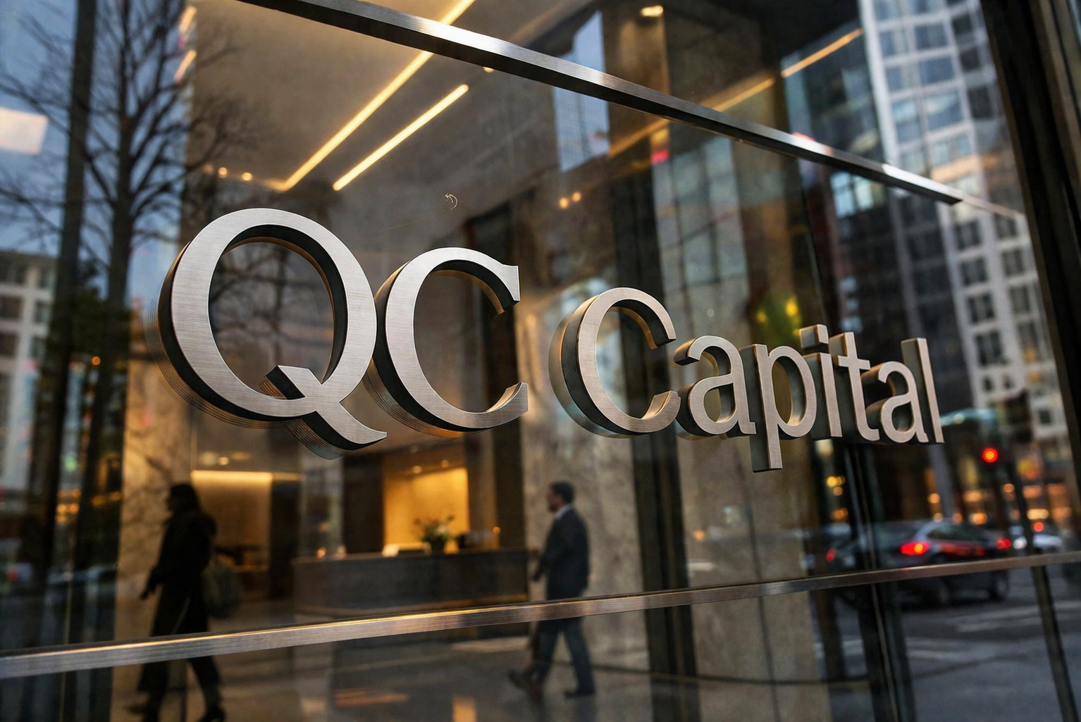 QC Capital Group branding on glass office entrance illustration